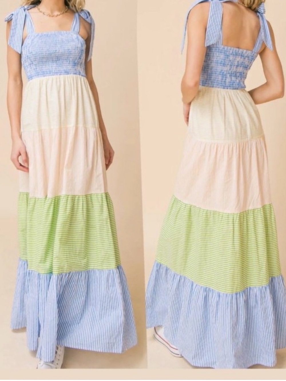 Aura Smocked Tie-Strap Colorblock Tiered Maxi Dress in Blue, Cream, Pink & Green